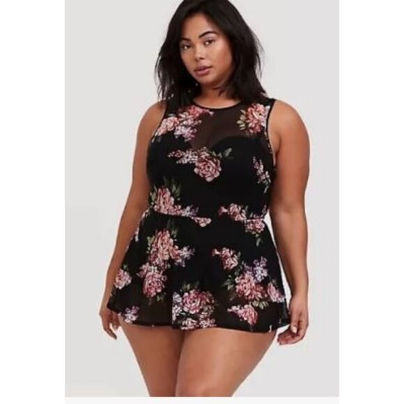 Floral Mesh Overlay One-Piece Swimsuit With Keyhole Back Pink & Black Women's Si - Picture 2 of 15
